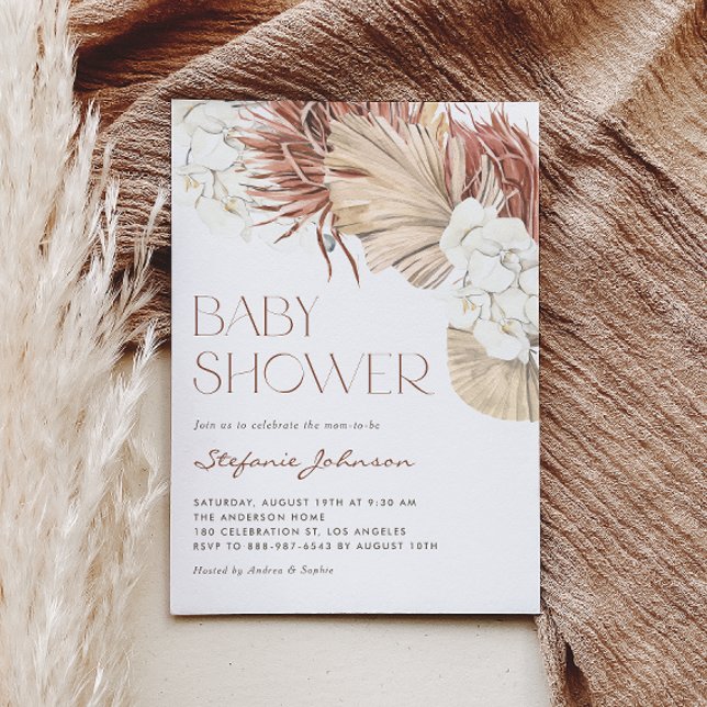 Invitation Boho Palmier Séché et Orchidée Code QR Baby Shower (This QR code baby shower invitation features watercolor white orchids, pampas grass, and dried palm.)