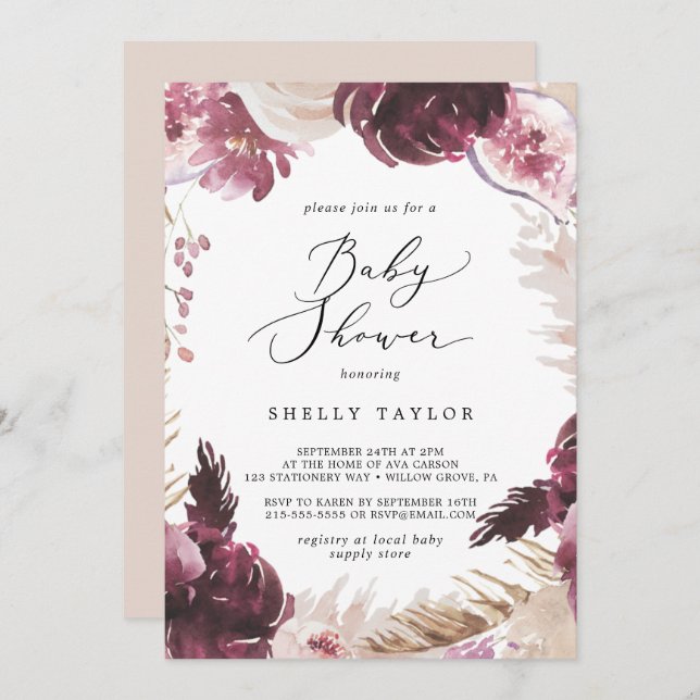 Invitation Boho Pampas Baby shower en herbe (Devant / Derrière)