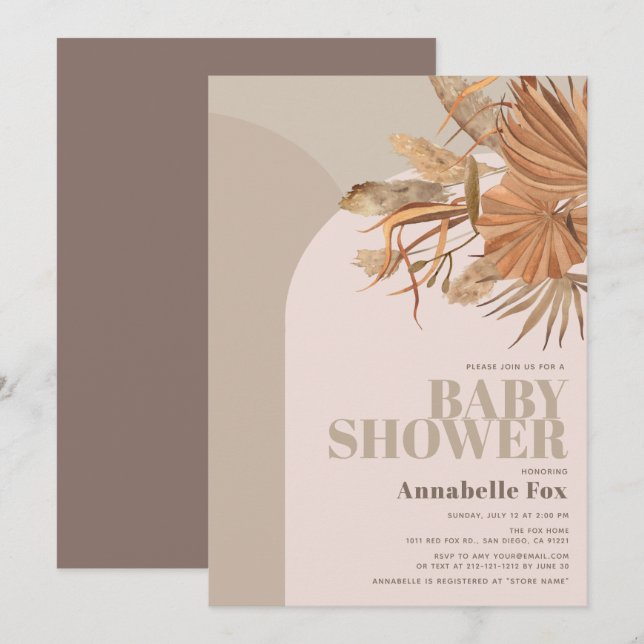 Invitation Boho Pampas Baby shower rose herbe (Devant / Derrière)