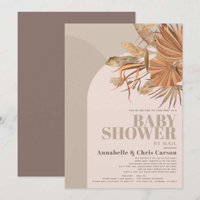 Invitation Boho Pampas Baby shower rose herbe par courrier (Devant / Derrière)