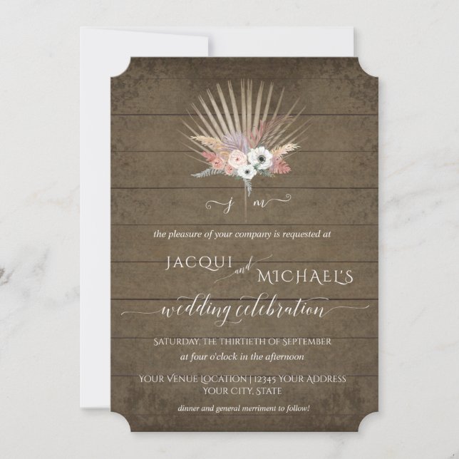 Invitation BOHO Pampas Bois rustique Blanc Floral Palm Tropic (Devant)