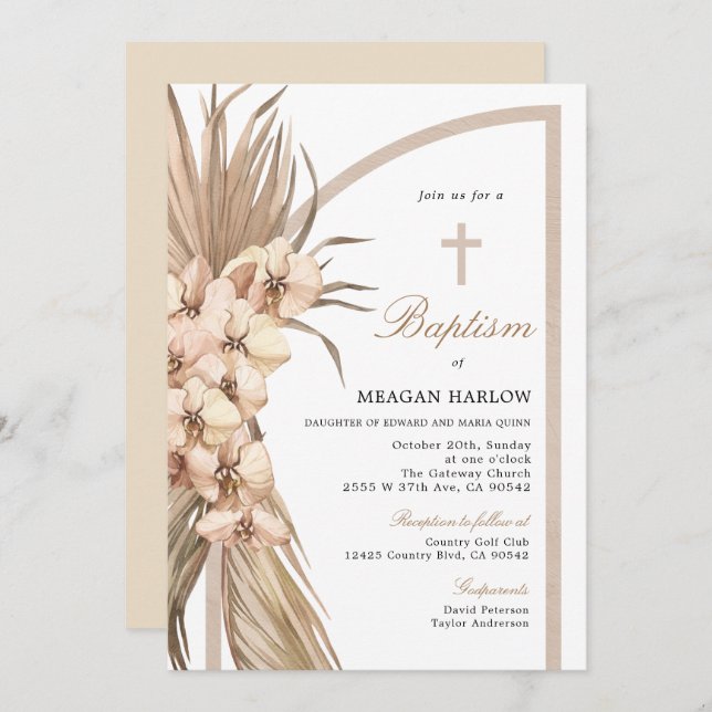 Invitation Boho Pampas Célébration du baptême bohémien (Devant / Derrière)