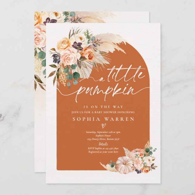 Invitation Boho Pampas Citrouille Baby shower  Grass Burnt Or (Devant / Derrière)