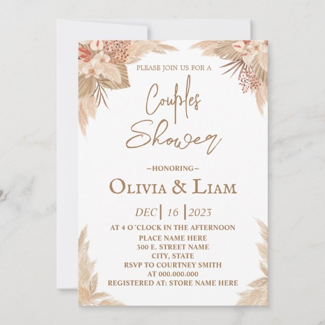 Invitation Boho Pampas Couples en laiton douche (Devant)