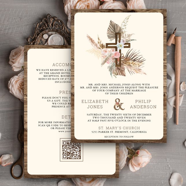 Invitation Boho Pampas Croix de bois tout en un Mariage catho (Créateur téléchargé)