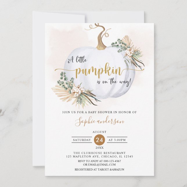 Invitation Boho Pampas de automne Petit Baby shower Citrouill (Devant)