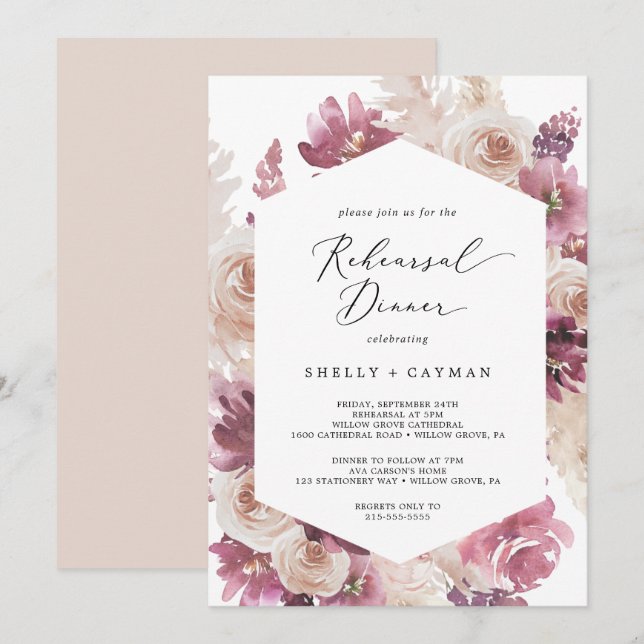 Invitation Boho Pampas Dîner De Répétition En Herbe (Devant / Derrière)