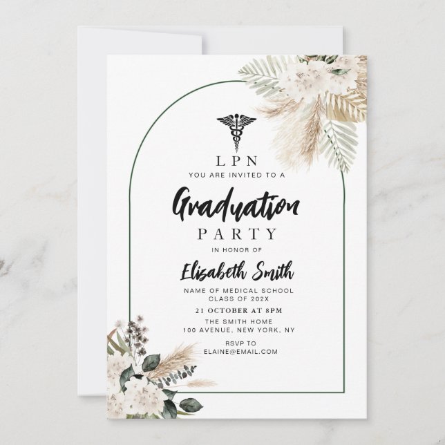 Invitation boho pampas et verdure fête de graduation en soins (Devant)