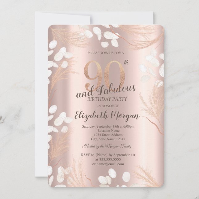 Invitation Boho Pampas Fleurs Rose Gold 90e anniversaire (Devant)