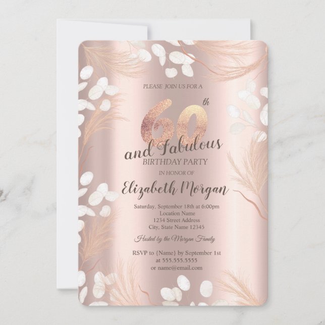 Invitation Boho Pampas Fleurs Rose Or 60e anniversaire (Devant)