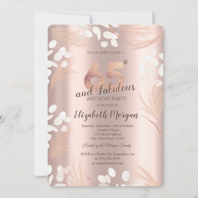 Invitation Boho Pampas Fleurs Rose Or 65e anniversaire (Devant)