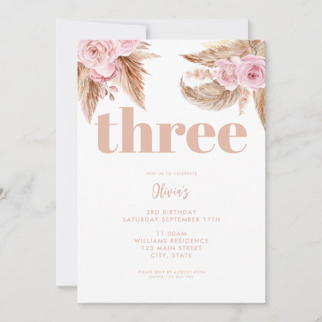 Invitation Boho Pampas Floral 3e anniversaire (Devant)