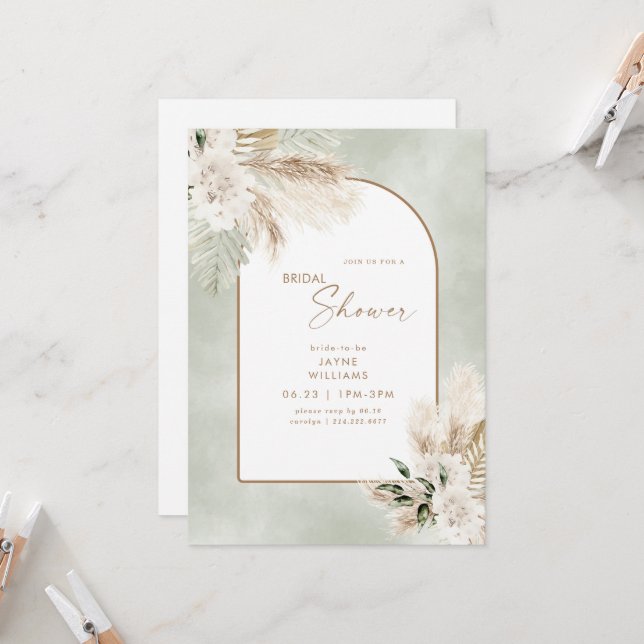 Invitation Boho Pampas Gold Sage Bride (Devant/Arrière en situation)