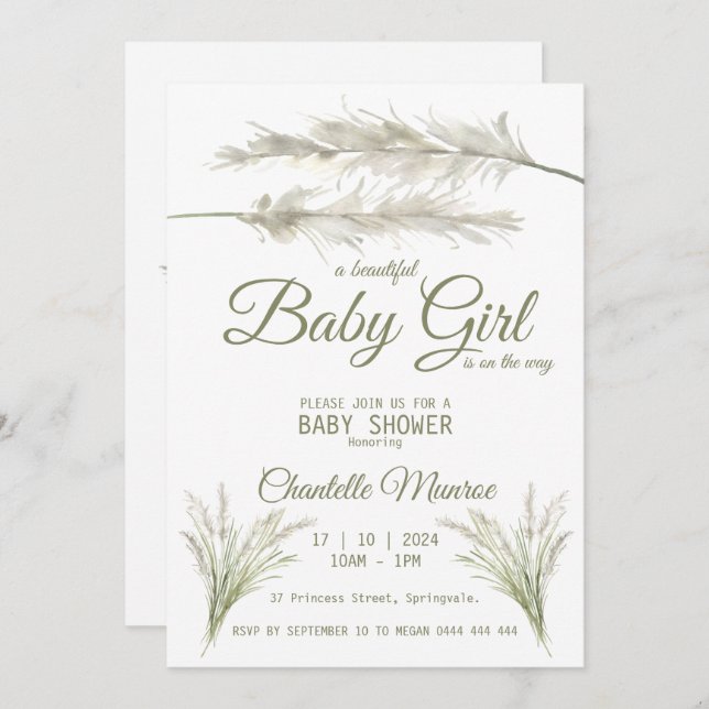 Invitation Boho Pampas Grass Baby shower bohème moderne (Devant / Derrière)