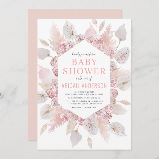Invitation Boho Pampas Grass Baby shower Élégant Rose-Noir (Devant / Derrière)