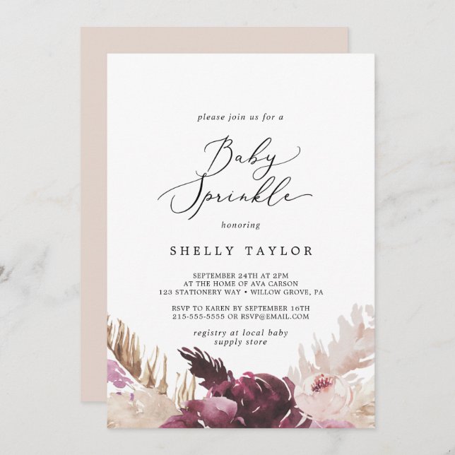 Invitation Boho Pampas Grass Baby Sprinkl (Devant / Derrière)