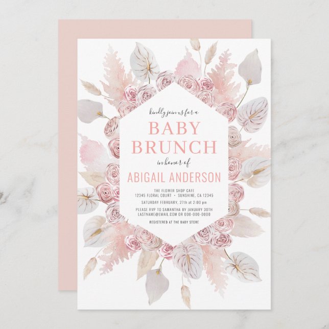Invitation Boho Pampas Grass Bébé Brunch Élégant rose pâle (Devant / Derrière)