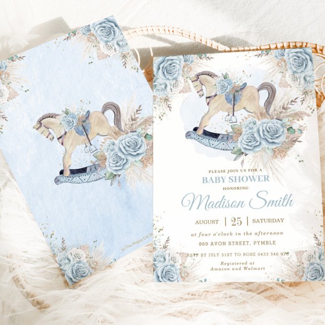 Invitation Boho Pampas Grass bleu Floral Rocking Horse Baby (Créateur téléchargé)