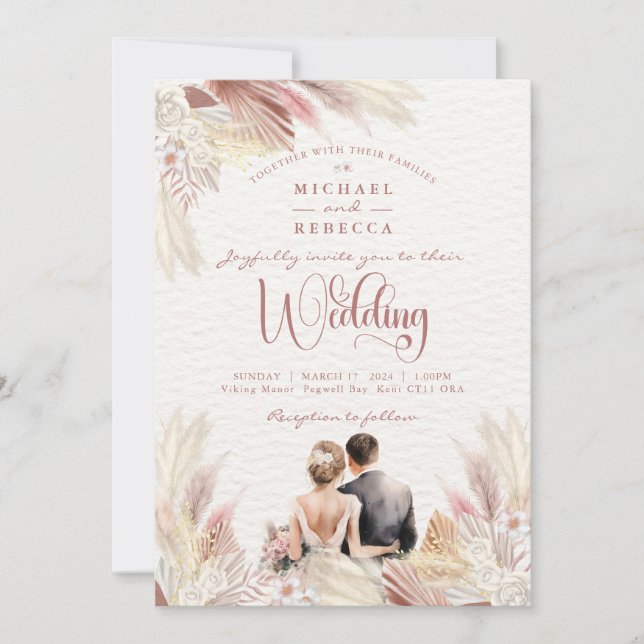 Invitation Boho Pampas Grass Blush Mariage rose croustillant  (Devant)