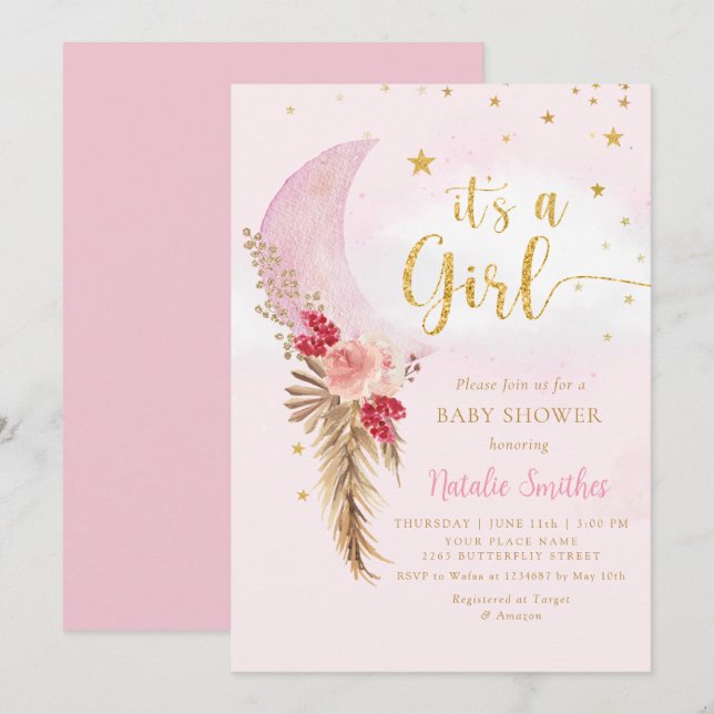 Invitation Boho Pampas Grass Blush Rose Girl Baby shower (Devant / Derrière)