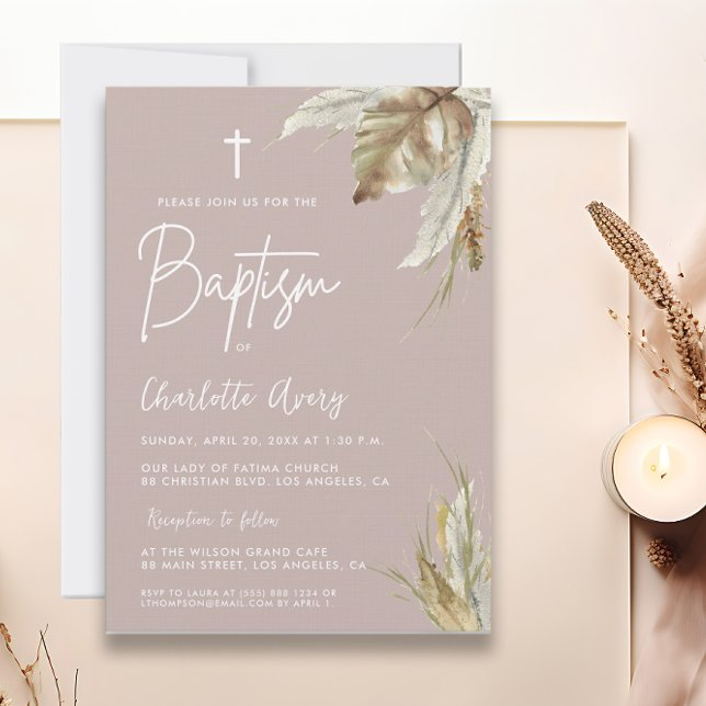 Invitation Boho Pampas Grass Blush rose Personnalisé Baptême (Pampas grass watercolor boho chic Baptism Invitation in blush pink.)