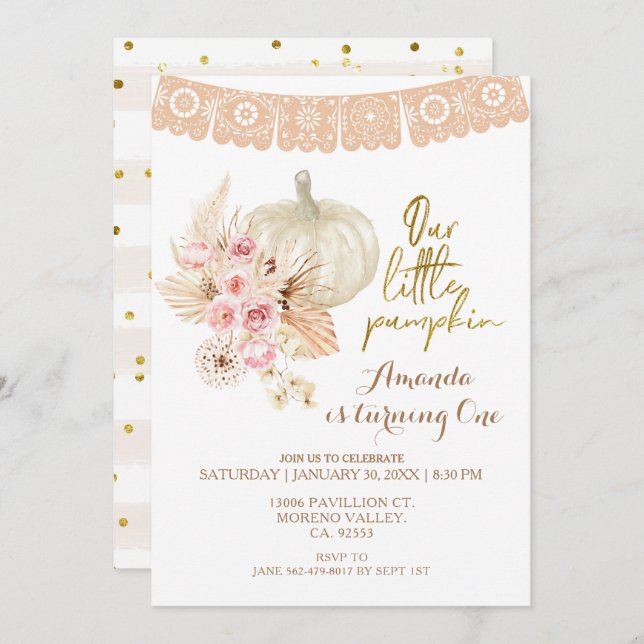 Invitation Boho Pampas Grass Citrouille 1er Anniversaire Invi (Devant / Derrière)