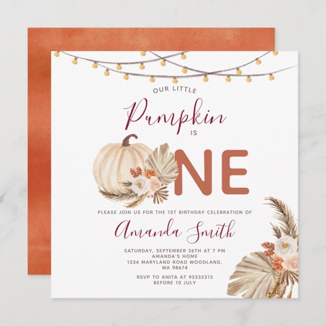 Invitation Boho Pampas Grass Citrouille Est Un Anniversaire F (Devant / Derrière)