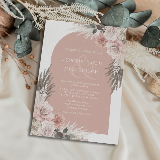 Invitation Boho Pampas Grass Dusty rose Mariage Floral (Créateur téléchargé)