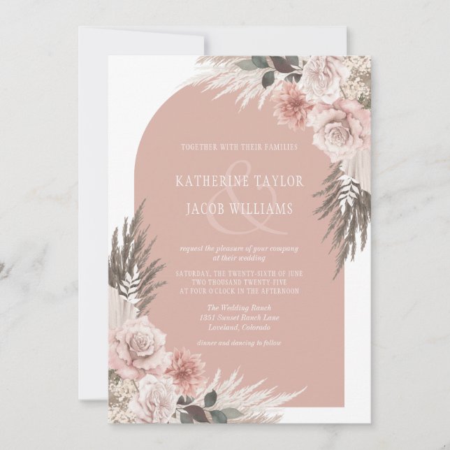 Invitation Boho Pampas Grass Dusty rose Mariage Floral (Devant)