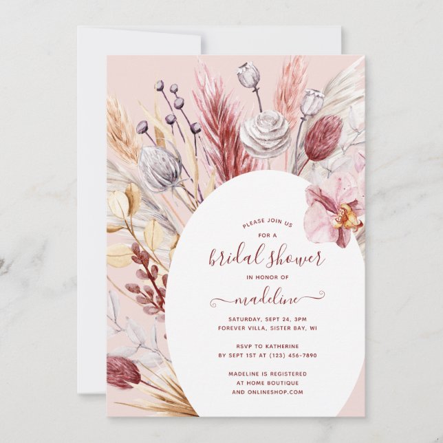 Invitation Boho Pampas Grass Fête des mariées Florale (Devant)