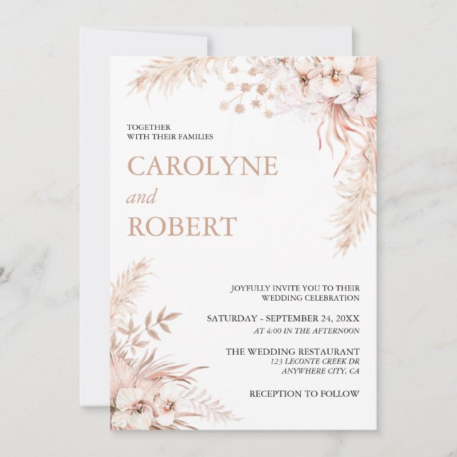 Invitation Boho Pampas Grass Floral Tout en un Mariage (Devant)