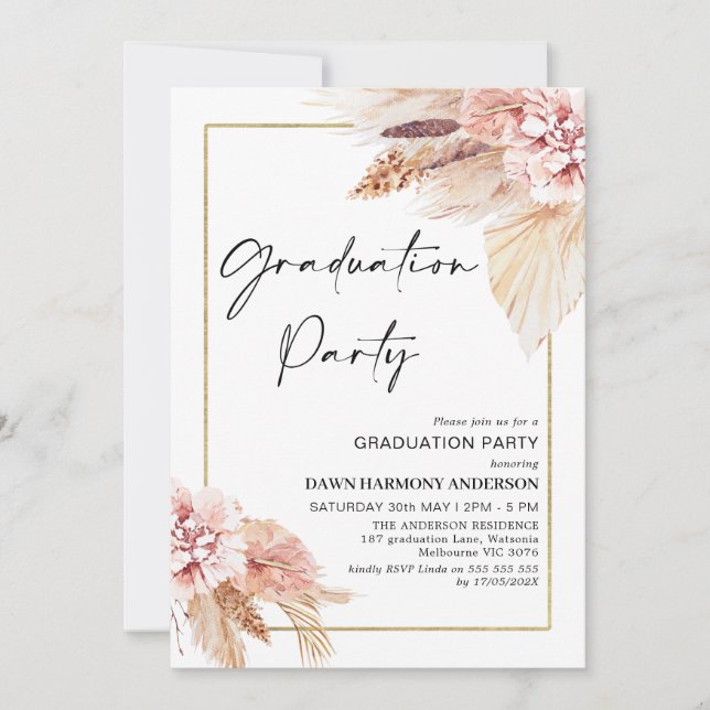 Invitation Boho Pampas Grass Frame de Graduation (Devant)