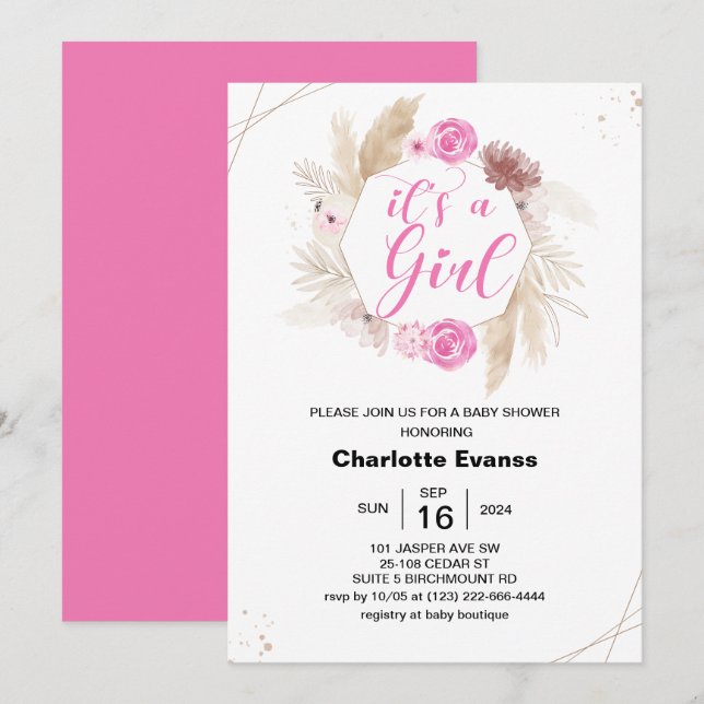 Invitation Boho Pampas Grass Girl Baby shower Fleurs roses (Devant / Derrière)