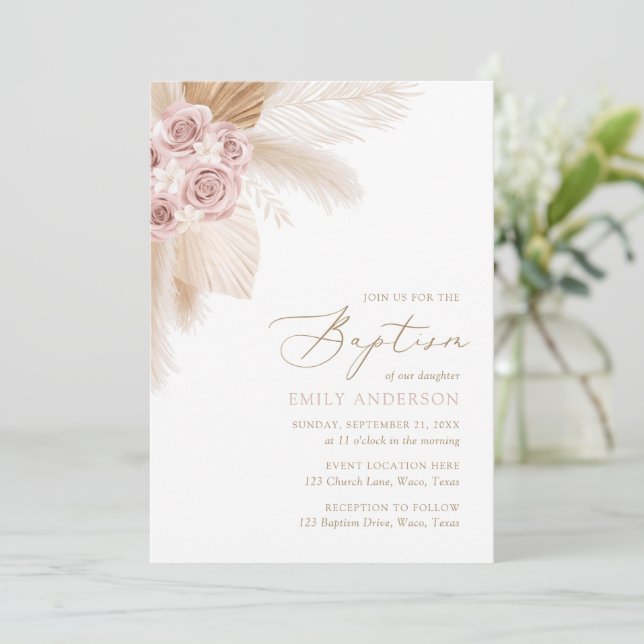 Invitation Boho Pampas Grass Girl Baptême (Debout devant)