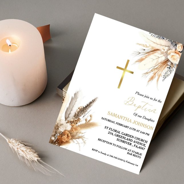 Invitation Boho Pampas Grass Girl Baptême Christening (Créateur téléchargé)