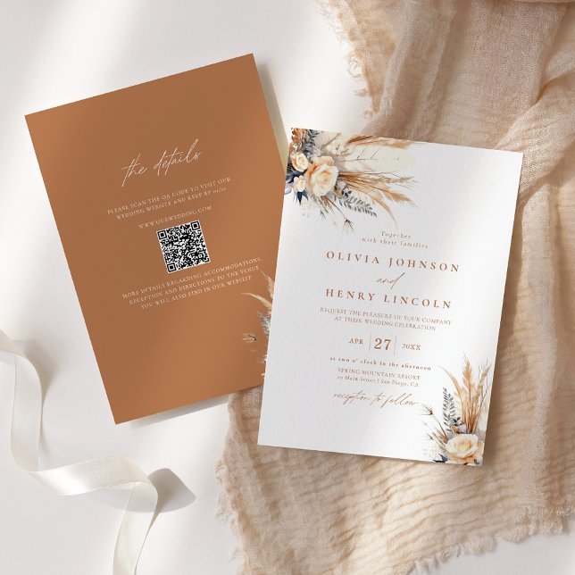 Invitation Boho Pampas Grass Mariage Floral QR Code (Créateur téléchargé)