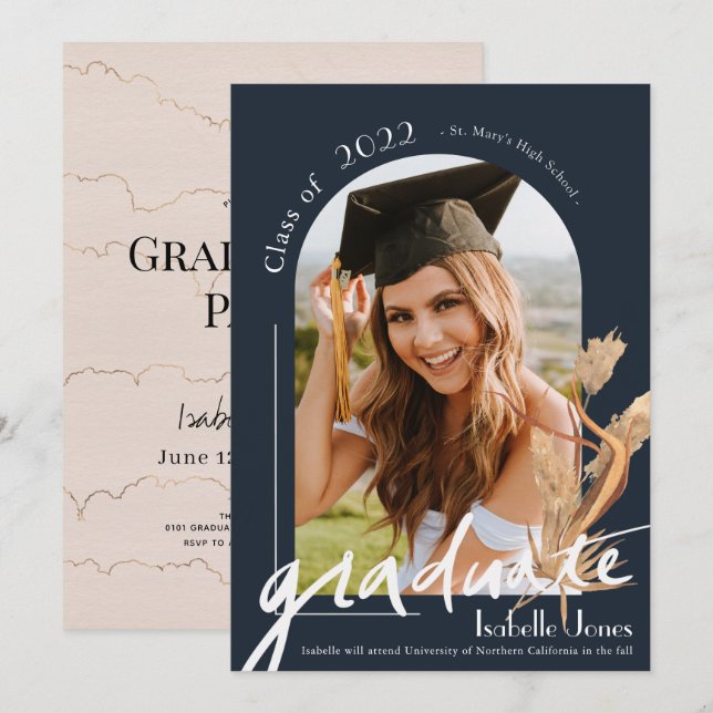 Invitation Boho Pampas Grass Navy Blue Arch Photo Graduation (Devant / Derrière)