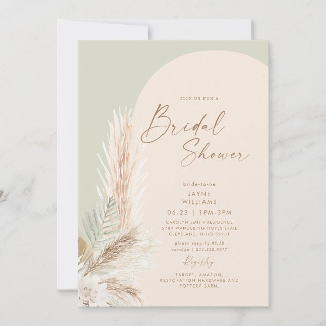 Invitation Boho Pampas Grass Or Géométrique Sage Bride (Devant)