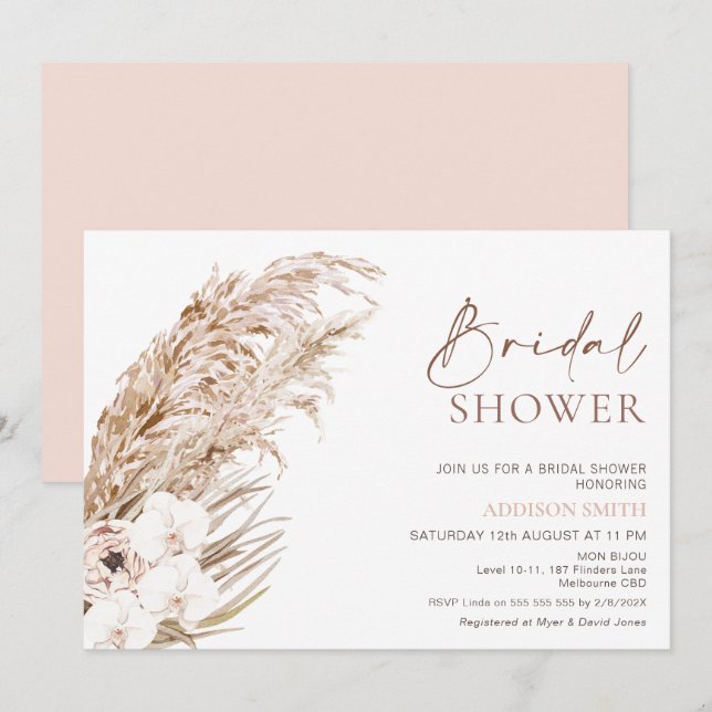 Invitation Boho Pampas Grass Orchards Fête des mariées floral (Devant / Derrière)