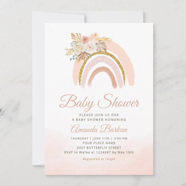 Invitation Boho Pampas Grass pink Rainbow girl Baby Shower  (Devant)