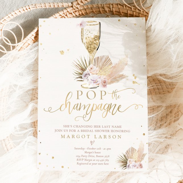 Invitation Boho Pampas Grass Pop la Fête des mariées Champagn (Créateur téléchargé)