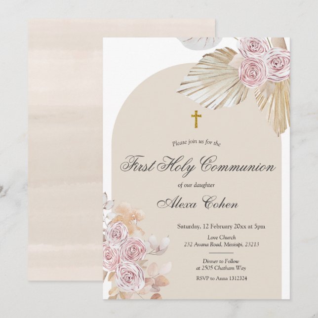 Invitation Boho Pampas Grass Première Communion Sainte (Devant / Derrière)