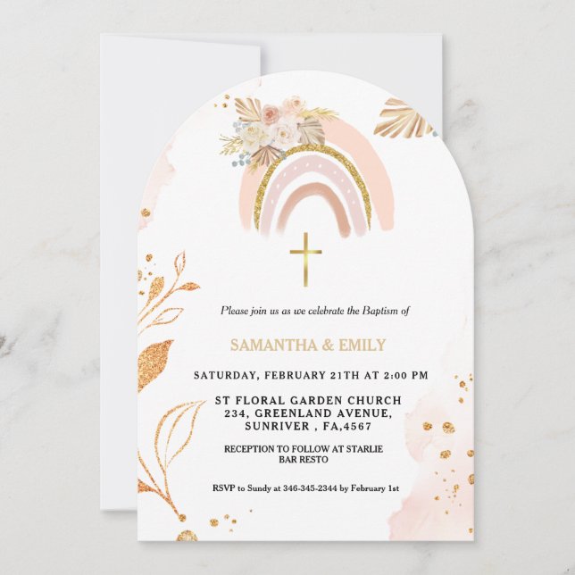 Invitation Boho Pampas Grass Rainbow Girl BAptism Christening (Devant)