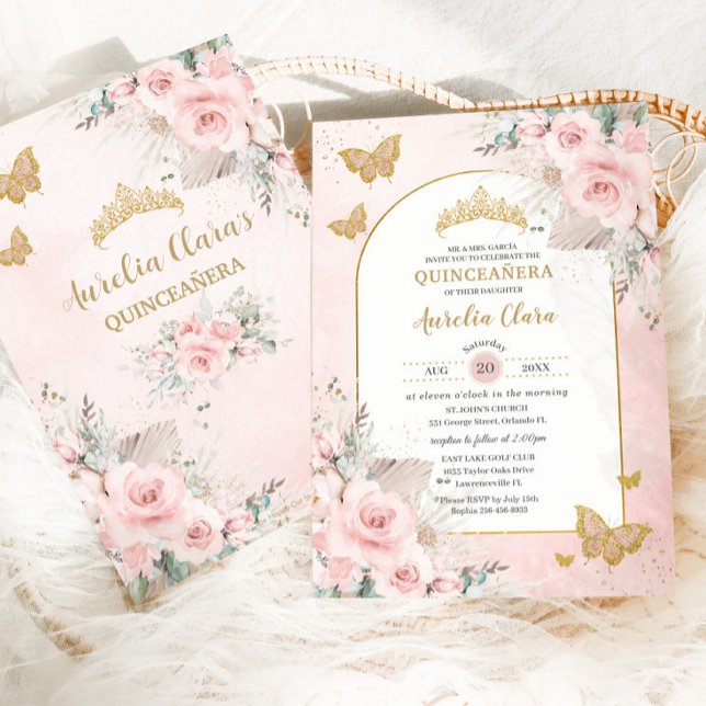 Invitation Boho Pampas Grass Rose Pâle Floral Quinceañera (Créateur téléchargé)