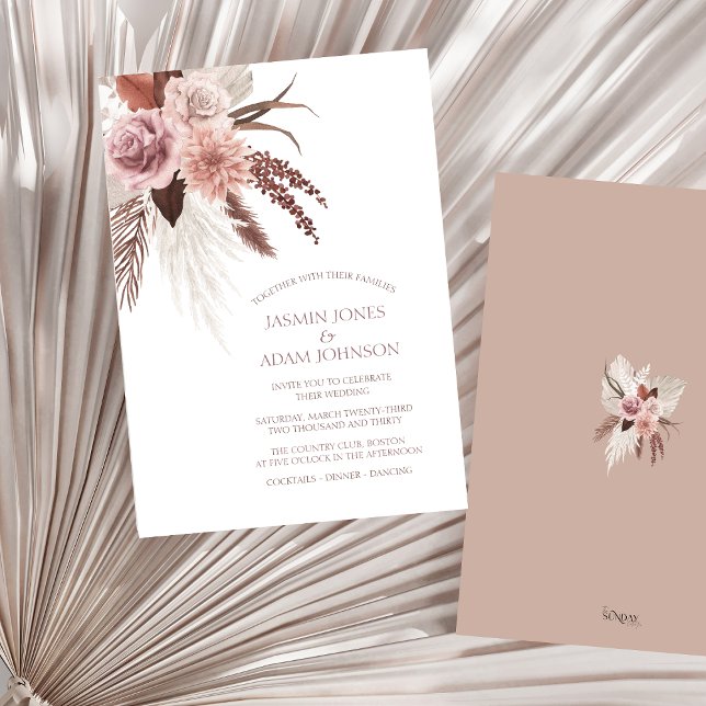 Invitation Boho Pampas Grass Rustique Mariage en terre cuite (Boho Dusty Pink Dried Flowers Pampas Grass Wedding Invitation)