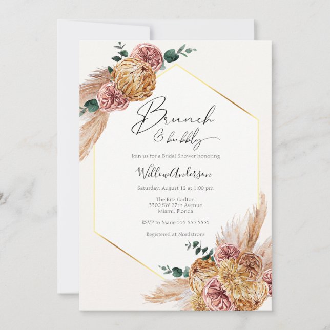 Invitation Boho Pampas Grass séché Bouquet Brunch et Bubbly (Devant)