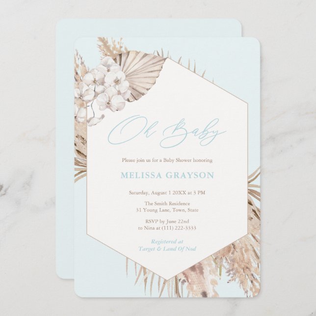 Invitation Boho Pampas Grass séché Palms Baby shower garçon (Devant / Derrière)