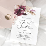 Invitation Boho Pampas Grass Sweet sixteen Anniversaire<br><div class="desc">Cette invitation à l'anniversaire de sweet sixteen d'herbe de pampas boho est parfaite pour une fête de 16ème anniversaire d'été. L'aquarelle fleurie présente des fleurs bohèmes bordeaux et roses rousses avec des sprigs de pampa neutres et des feuilles de palmiers séchés dorés.</div>