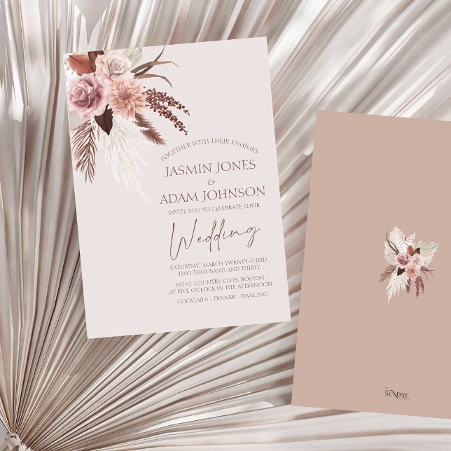 Invitation Boho Pampas Grass Terracotta Floral Mariage (Boho Dusty Pink Dried Flowers Pampas Grass Wedding Invitation)