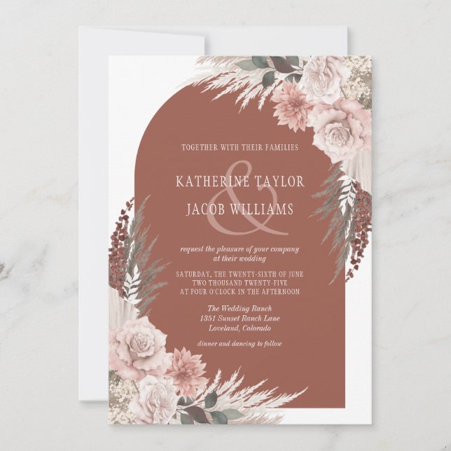 Invitation Boho Pampas Grass Terracotta Floral Mariage Invita (Devant)